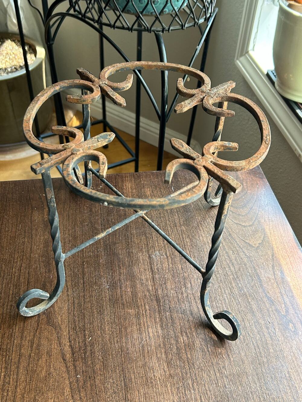 Vintage Heavy Wrought Iron Plant Stand twisted legs 8” tall